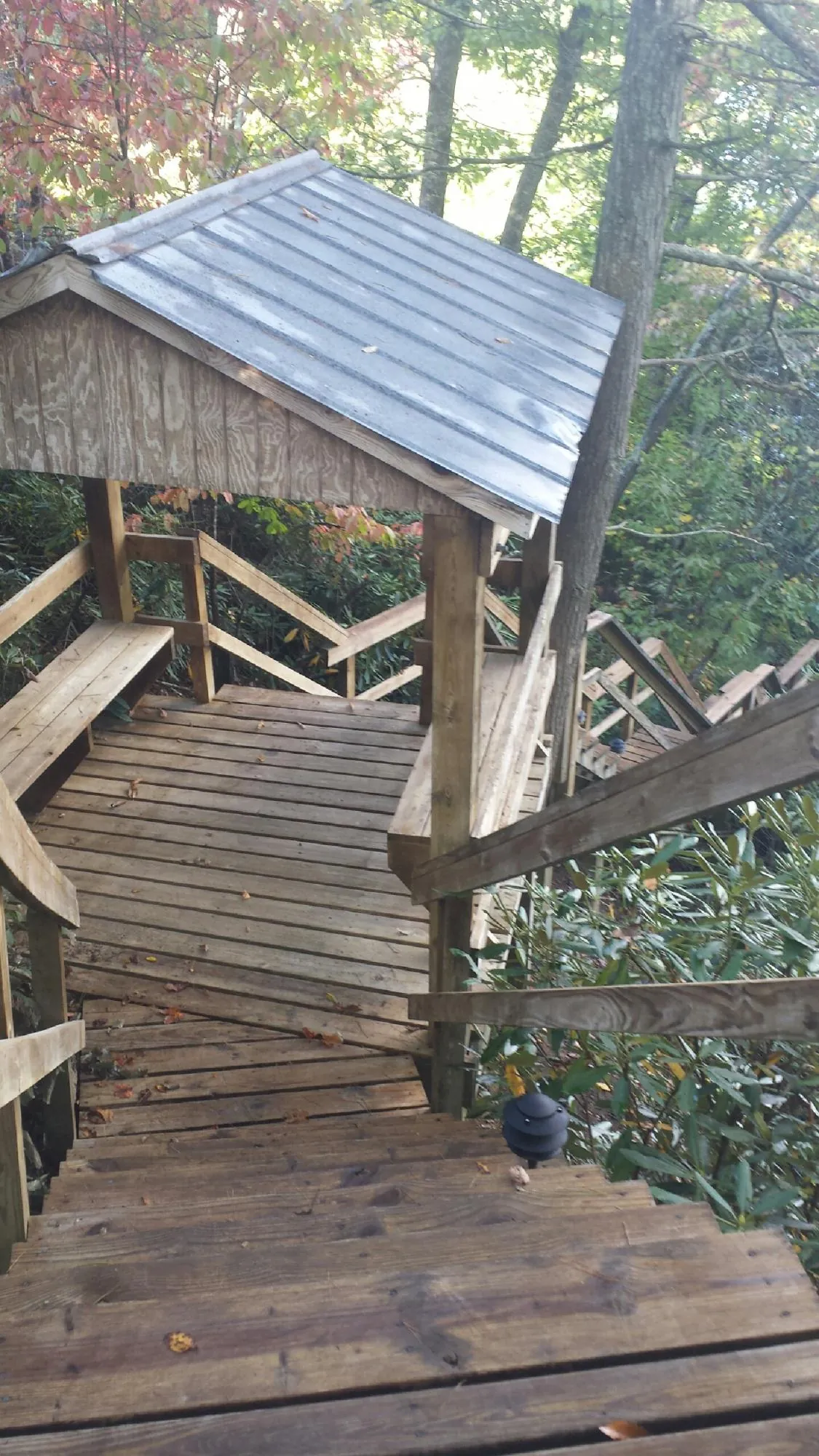 Metal roofed shelter over wooden steps on a wooded walkway — Skylight Repair & Installation work by our crew in Reedsport